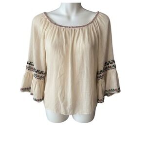 MAX STUDIO Womens Embroidered Bell Sleeve festival boho Top Cream XL